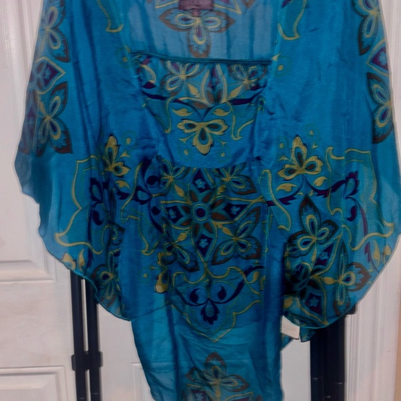 Hale Bob Tops - Hale Bob Teal W/ Eggplant, Brown and Taupe Floral-Print Silk Tunic.